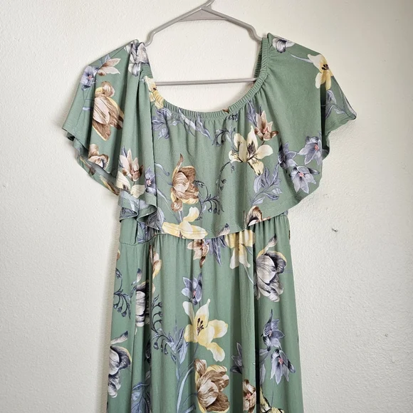 Hello Miz Floral Green Maxi Dress On/Off the shoulder womans XL - Picture 2 of 4